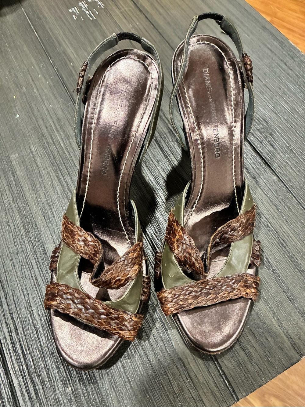 Diane Von Furstenberg Olive and Brown Braided Slingback Heels